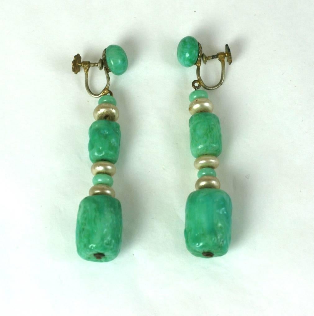 Louis Rousselet Art Deco faux jade long drop earrings of hand made pate de verre beads and pearl rondelles. 
1920's France. Screwback Fittings. Excellent Condition. 
Length 2.50