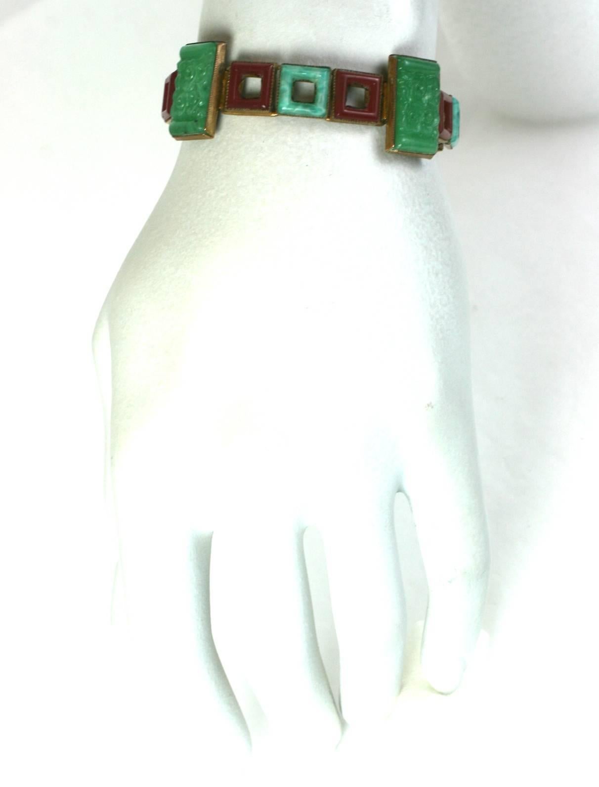 French Art Deco Chinoiserie Pate de Verre Link Bracelet 1