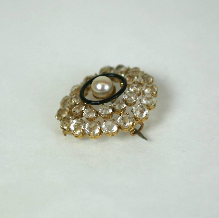 Delicate Edwardian faceted crystal paste brooch set in 14k gold with genuine, focal pearl and black hard enamel decoration. Excellent Condition. 
L 1.25