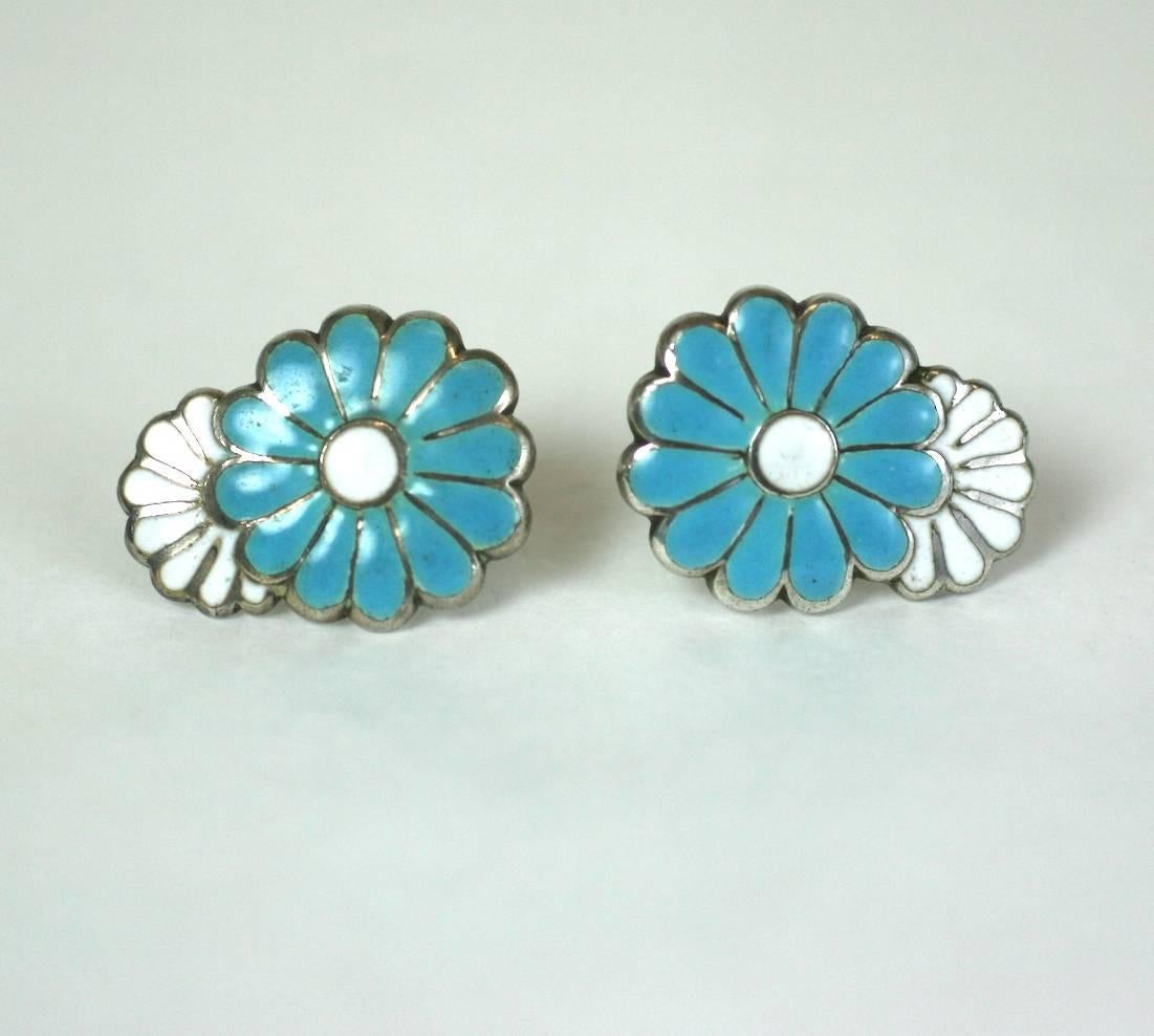 Margot de Taxco Sterling silver and hard turquoise and white enamel floriform earrings. Screwback fittings. Excellent Condition. 
L 1"
W .75"