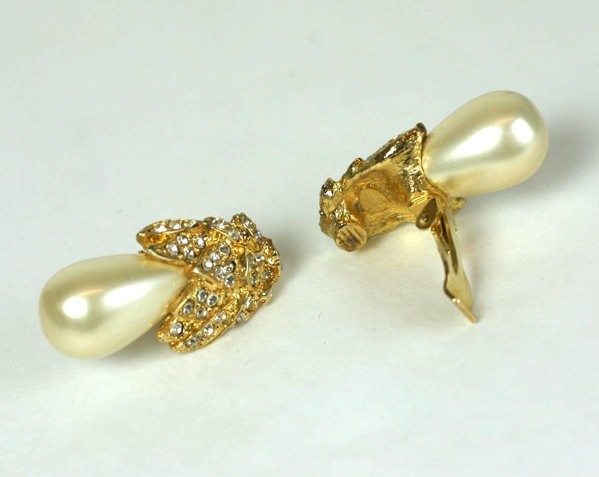 Kenneth Jay Lane Pearl Pear Ear Clips In Excellent Condition For Sale In New York, NY