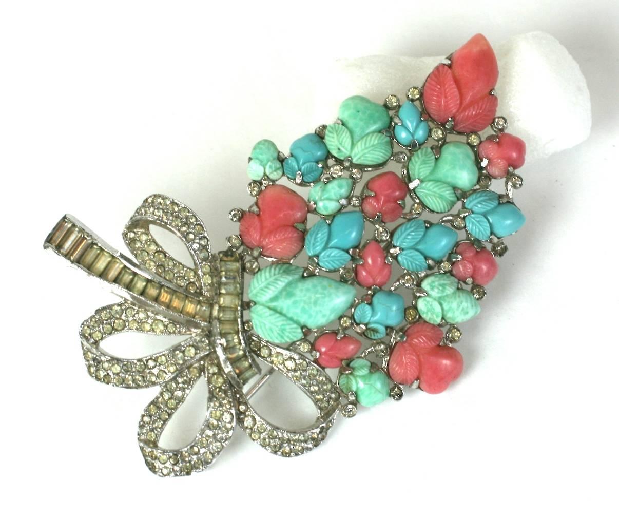 Trifari Alfred Philippe pastel fruit salads spray brooch. Of faux turquoise, jade, and coral glass molded glass 