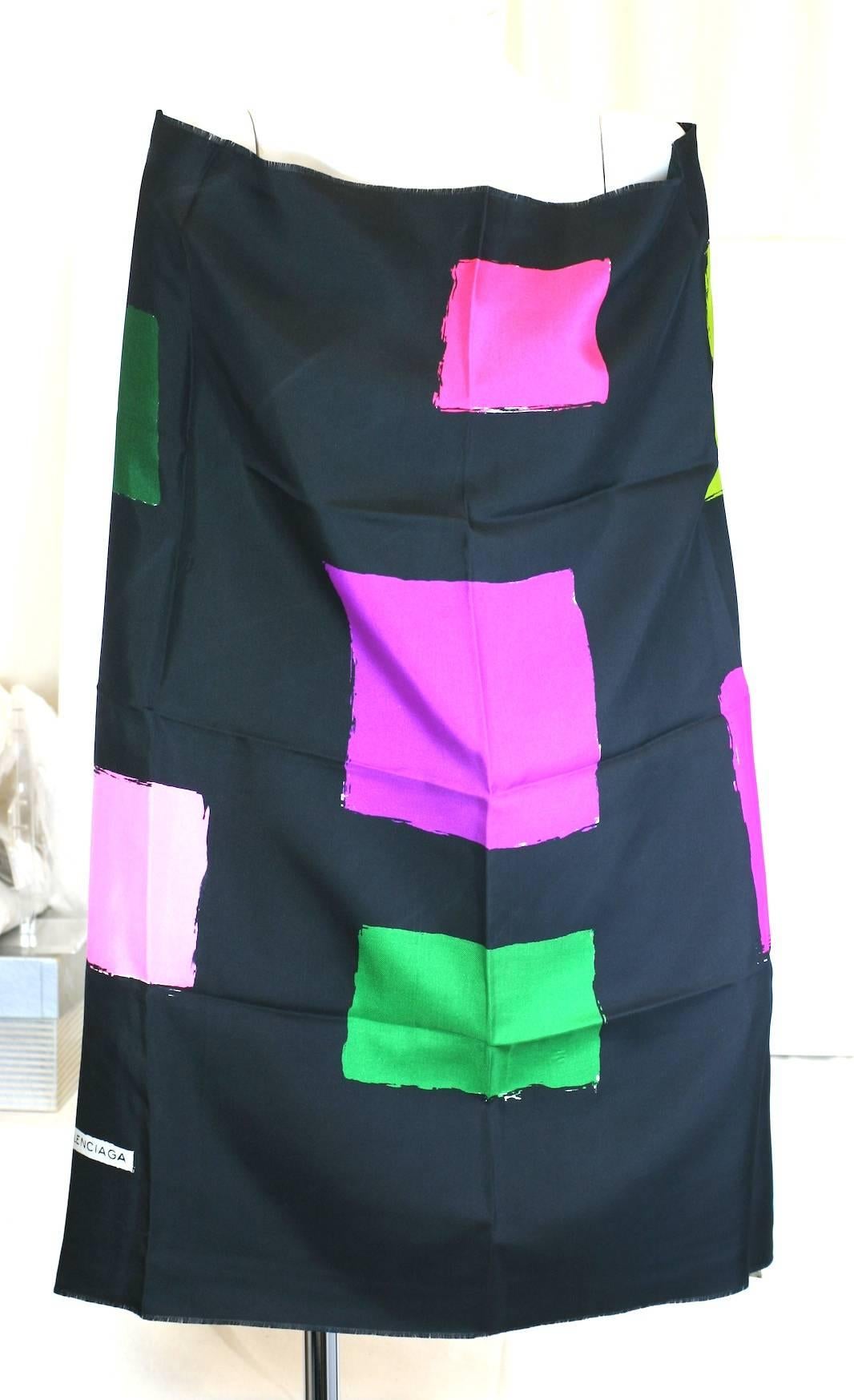 Balenciaga silk twill square scarf with colored blocks in bright tones on black. 1980's France. 32