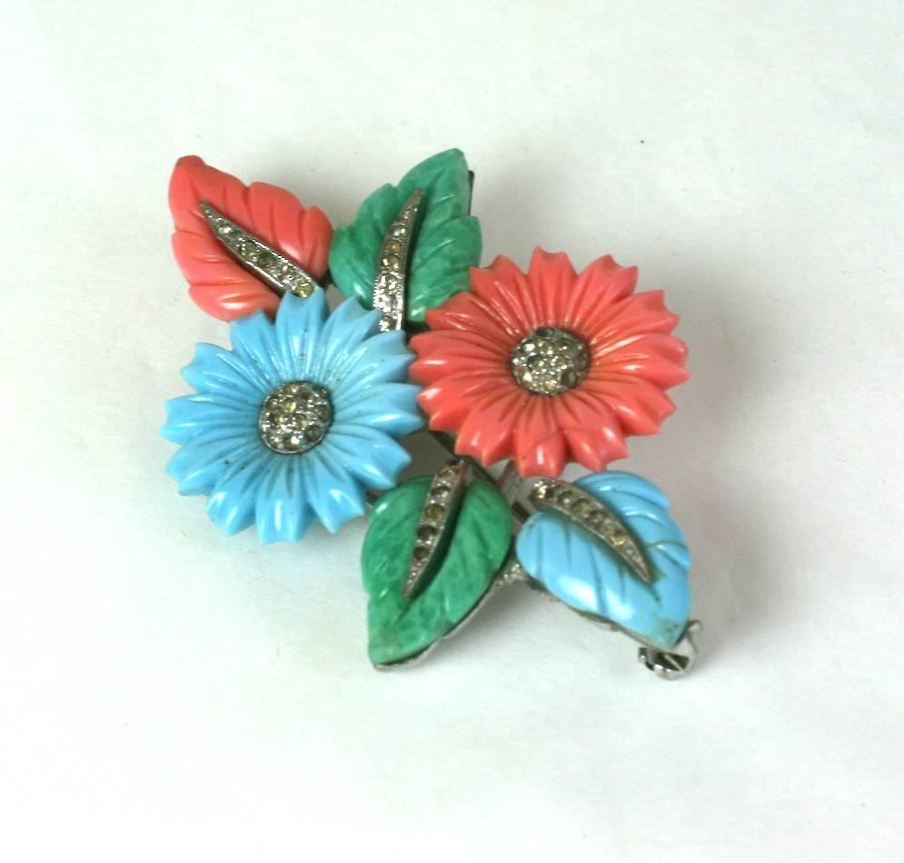 Mazer Pastel Fruit Salad bouquet brooch of rhodium plated metal, crystal rhinestone pave with faux coral, jade and turquoise molded glass flowers and leaves. Unsigned. 1930's USA. 
Excellent Condition. 

