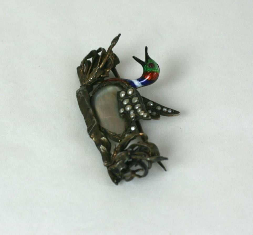 Victorian Charming Enamel and Seed Pearl Malard Brooch For Sale