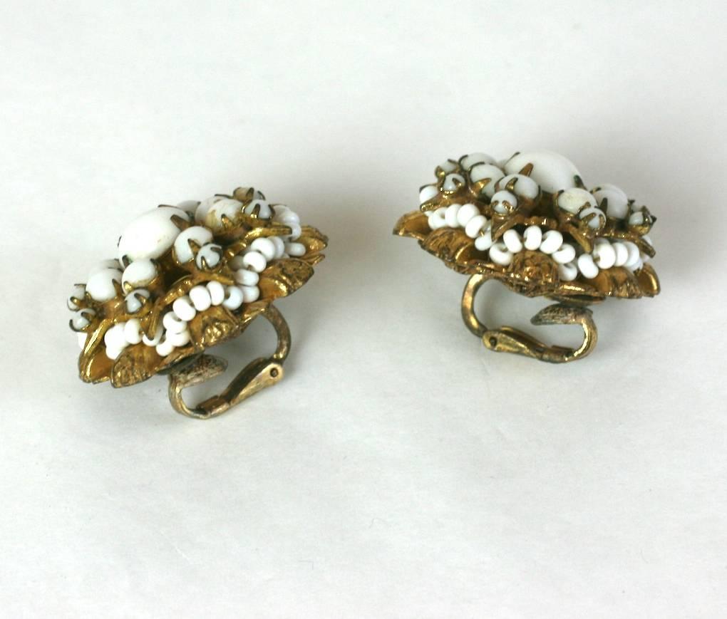 Miriam Haskell White Beaded Flowerhead Earclips In Excellent Condition In New York, NY