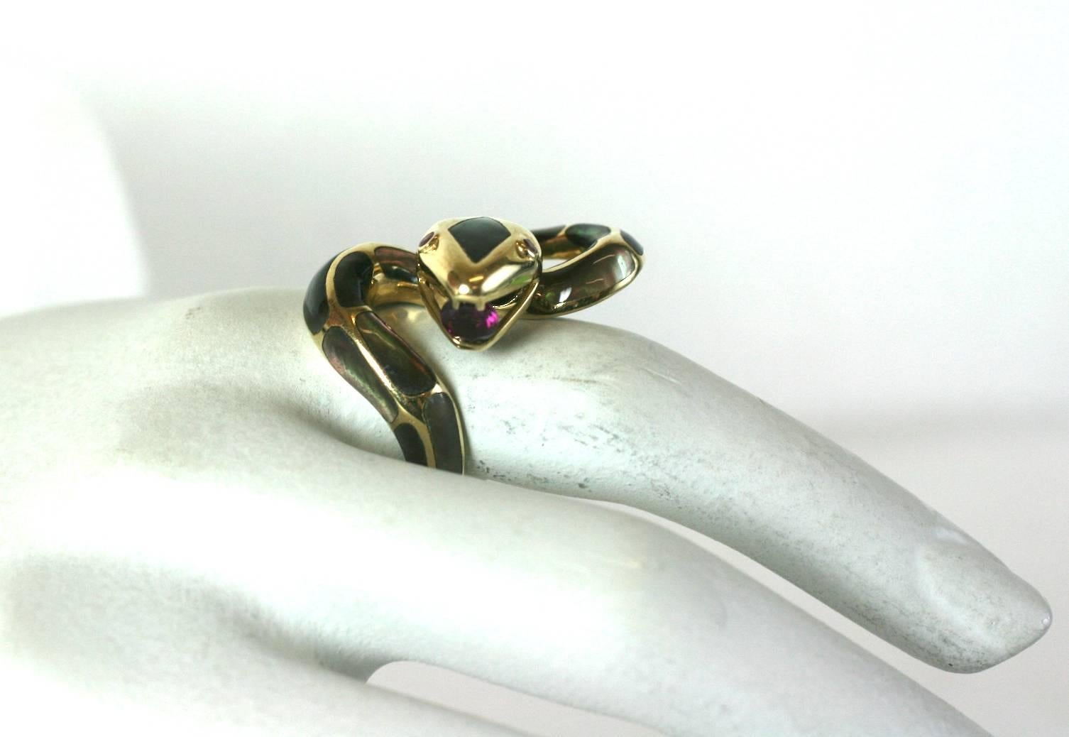 Unusual Mother of Pearl Inlaid Snake Ring 5