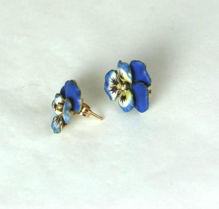 Delicate Blue Enamel Pansy Earrings at 1stDibs