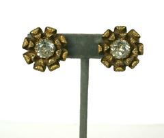 Miriam Haskell Gilt and Crystal Flower Head Earclips
