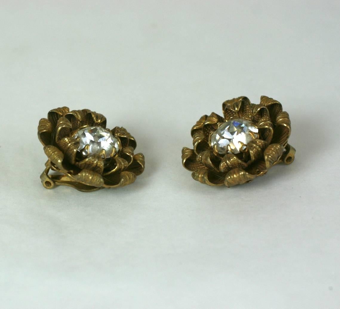 Miriam Haskell Gilt and Crystal Flower Head Earclips In Excellent Condition For Sale In New York, NY