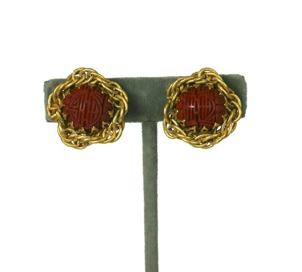 Women's Miriam Haskell Cinnabar and Gilt Earclips For Sale