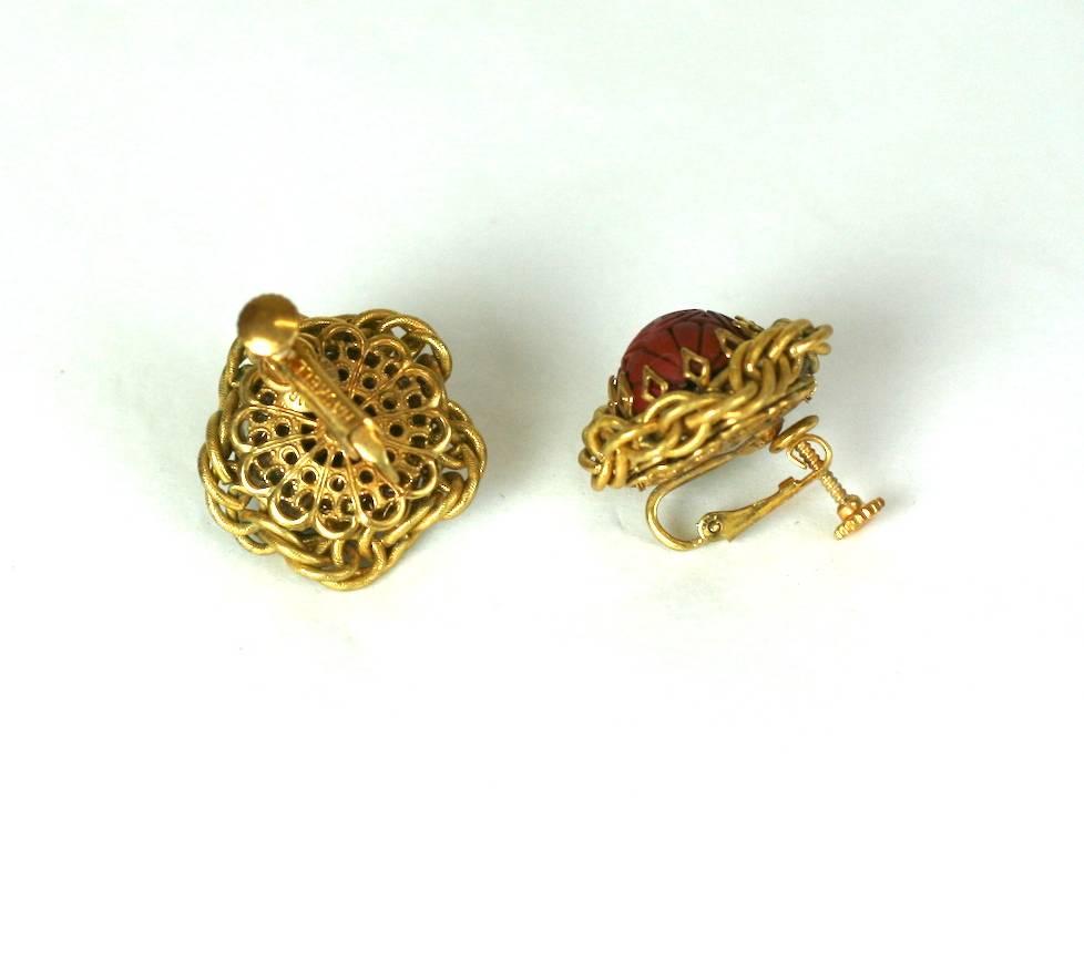 Miriam Haskell Cinnabar and Gilt Earclips In Excellent Condition For Sale In New York, NY