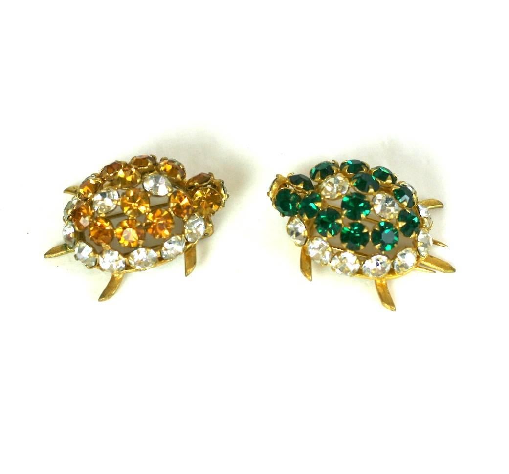 Pair of Roger Jean-Pierre couture Turtle clip brooches of emerald, topaz and crystal pastes. 
Gilt metal settings with double clip back fittings. 
Marked Depose. Excellent Condition. 1950's France. Two clips are available priced per ite
Length