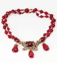Miriam Haskell Ruby Pate de Verre and Rose Monte Pendant Necklace