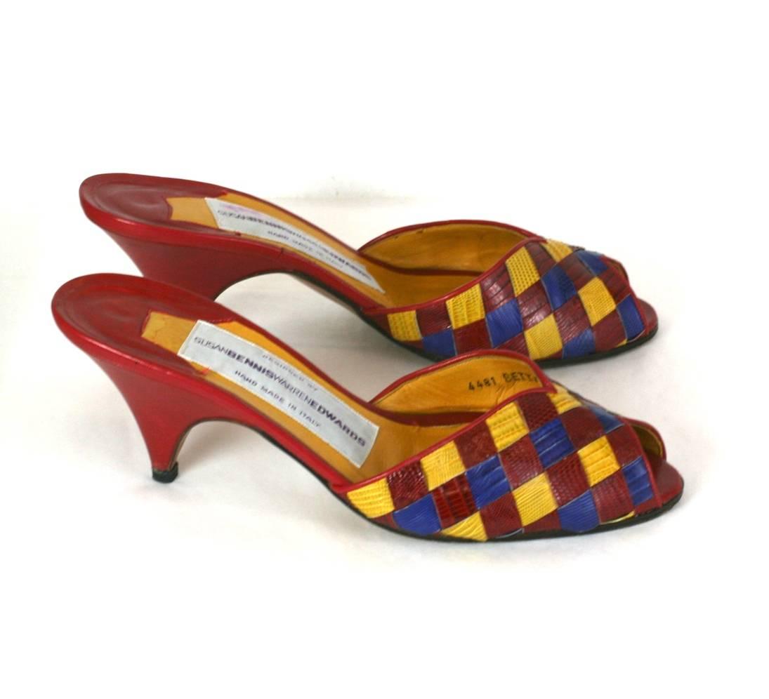 Susan Bennis Warren Edwards Colorful Woven Snakeskin Mules In Excellent Condition In New York, NY