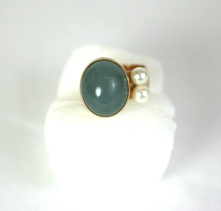 Cabochon Modernist Chalcedony and Pearl Ring For Sale