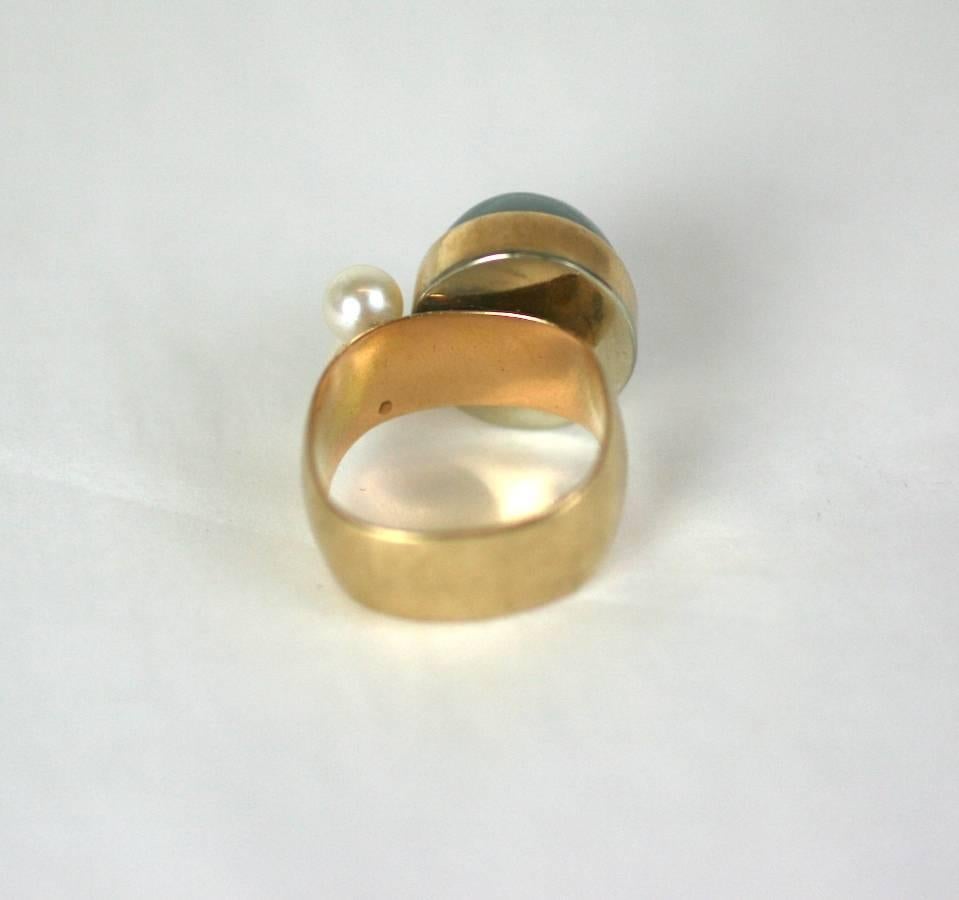 Modernist Chalcedony and Pearl Ring For Sale 1