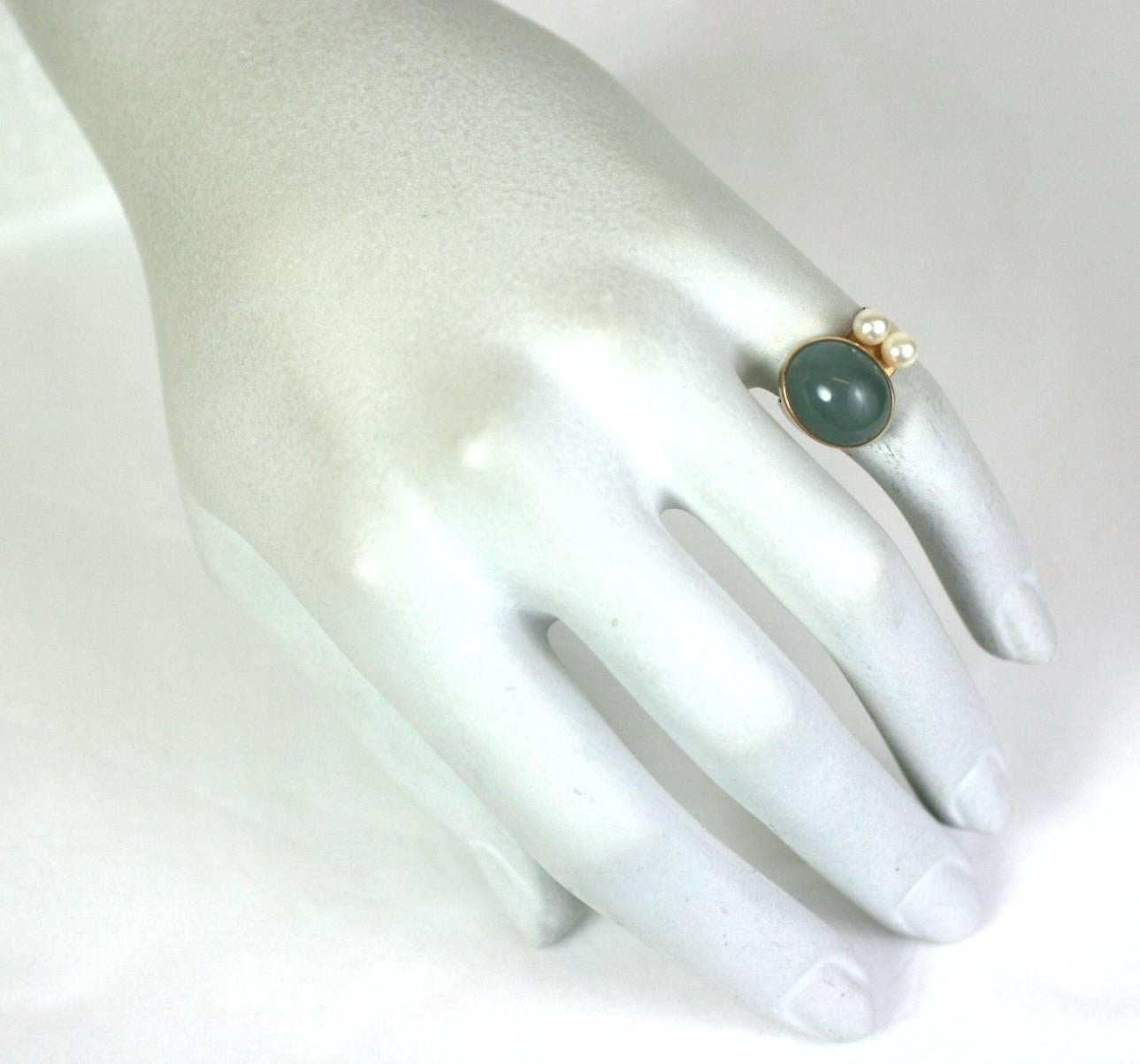 Modernist Chalcedony and Pearl Ring For Sale 2