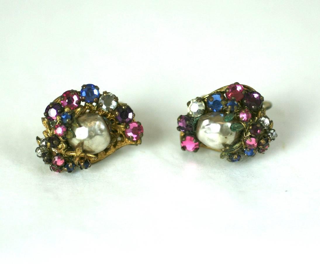 Miriam Haskell Pearl and Multicolored Paste Leaf Earrings In New Condition For Sale In New York, NY