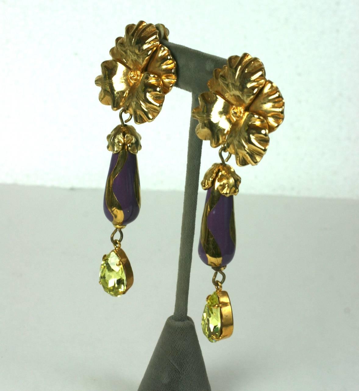 Yves Saint Laurent Rive Gauche mauve and gold ceramic drop earrings with citrine pear shape crystal drops, suspended from a large gilt metal pansy. 
Wonderfully unusual mix of materials as YSL is known for. 
1990's France. Excellent Condition. Clip