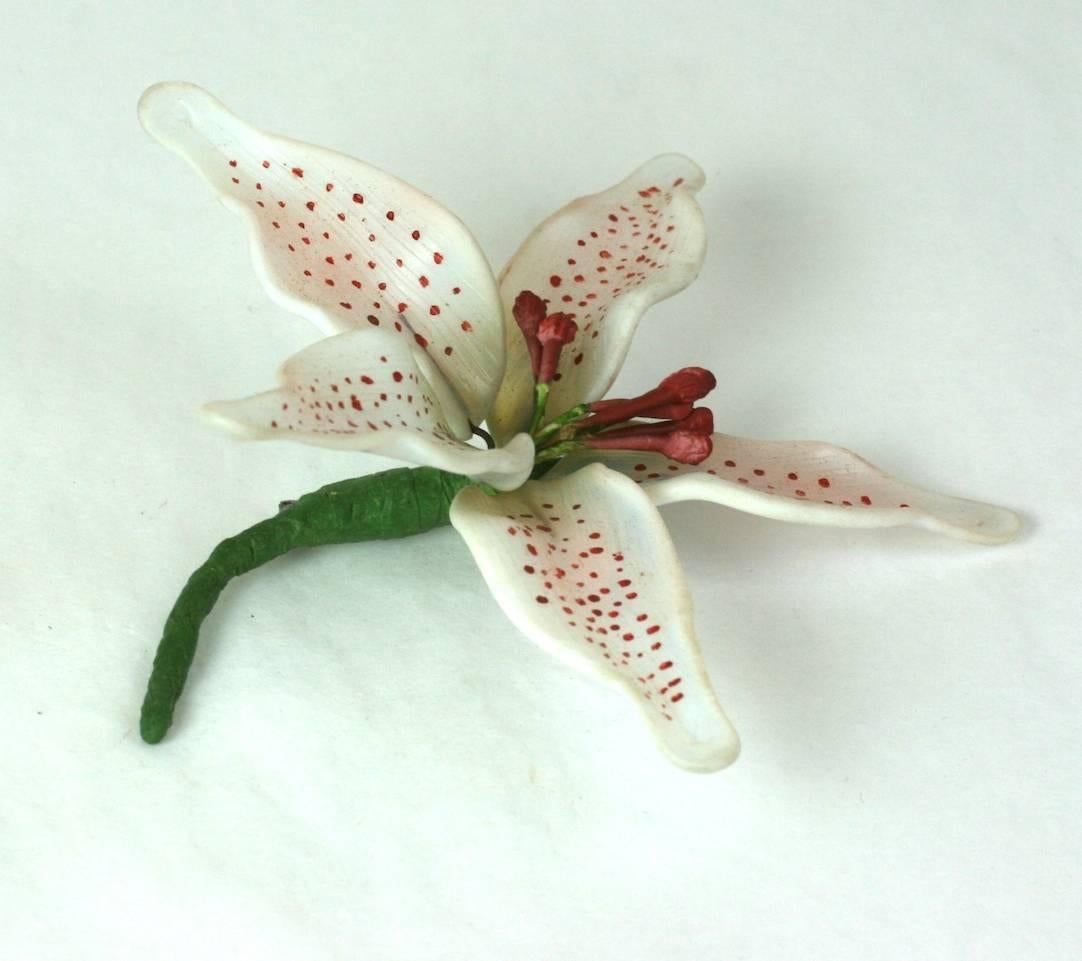 Hand made glass specimen lily brooch is a superb realistic rendering in the style of Dresden glassmakers Leopold Blaschka (1822-1895) and his son Rudolf (1857-1939). Floral studies such as these provide insight into the intellectual appetite of the