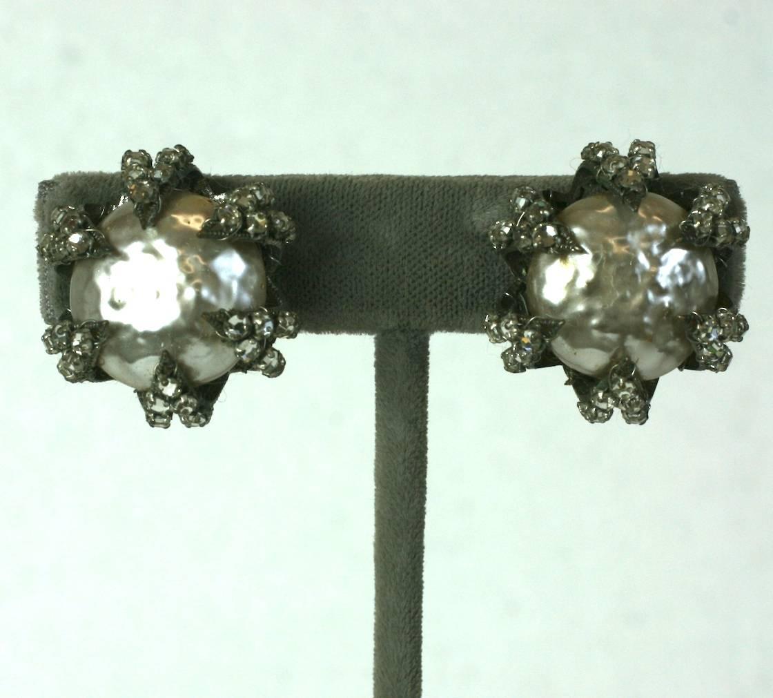 Miriam Haskell Pearl and Rose Monte Claw Earrings In Excellent Condition For Sale In New York, NY