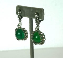 Rousselet Emerald Pate de Verre and Embroidered Earrings