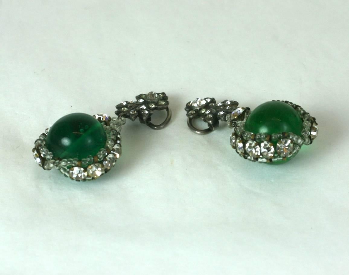 Art Deco Rousselet Emerald Pate de Verre and Embroidered Earrings For Sale
