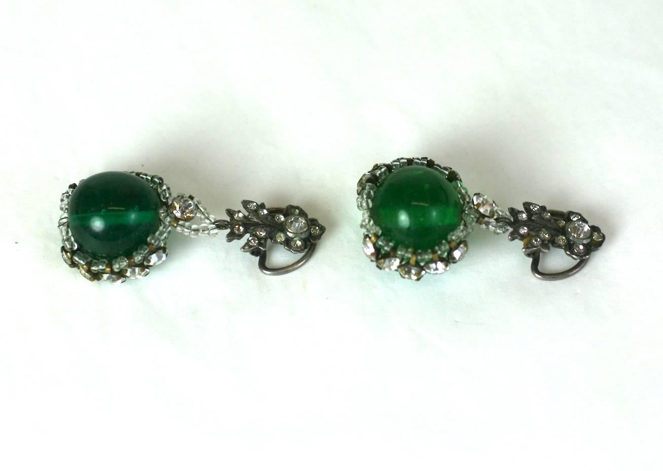 Rousselet Emerald Pate de Verre and Embroidered Earrings In Excellent Condition For Sale In New York, NY