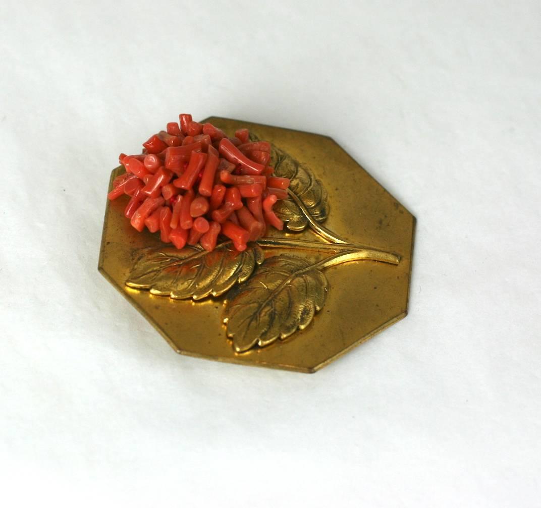 Uncut French Art Deco Coral Clip Brooch For Sale