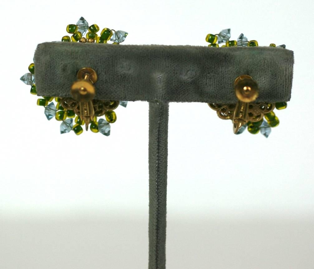 Miriam Haskell Aqua and Green Flower Head Ear Clips In Excellent Condition In New York, NY