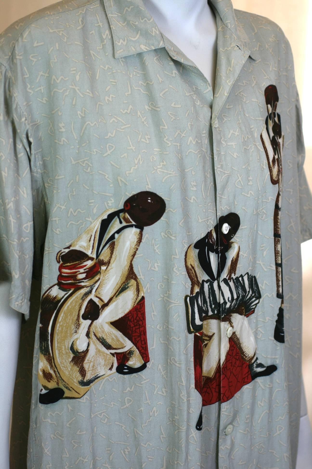 Takeo Kikuchi for Charivari Men's Rayon Print Jazz Band Camp Shirt In Excellent Condition For Sale In New York, NY