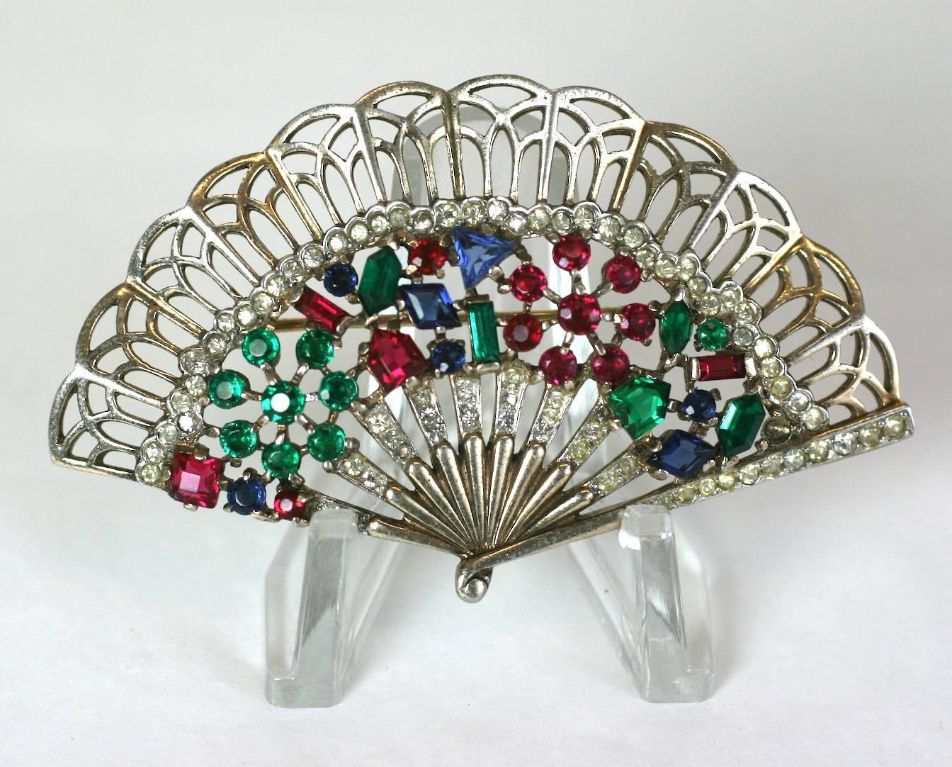 Retro Trifari Alfred Philippe Jeweled Fan Brooch