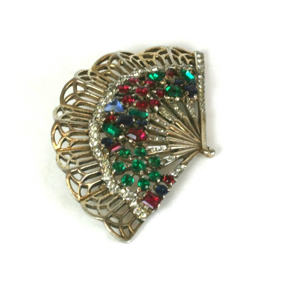 Trifari Alfred Philippe Jeweled Fan Brooch In Excellent Condition In New York, NY