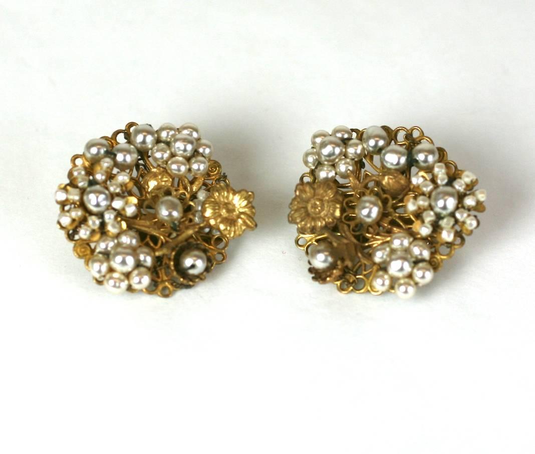 Miriam Haskell Embroidered Faux Pearl Earclips In Excellent Condition For Sale In New York, NY