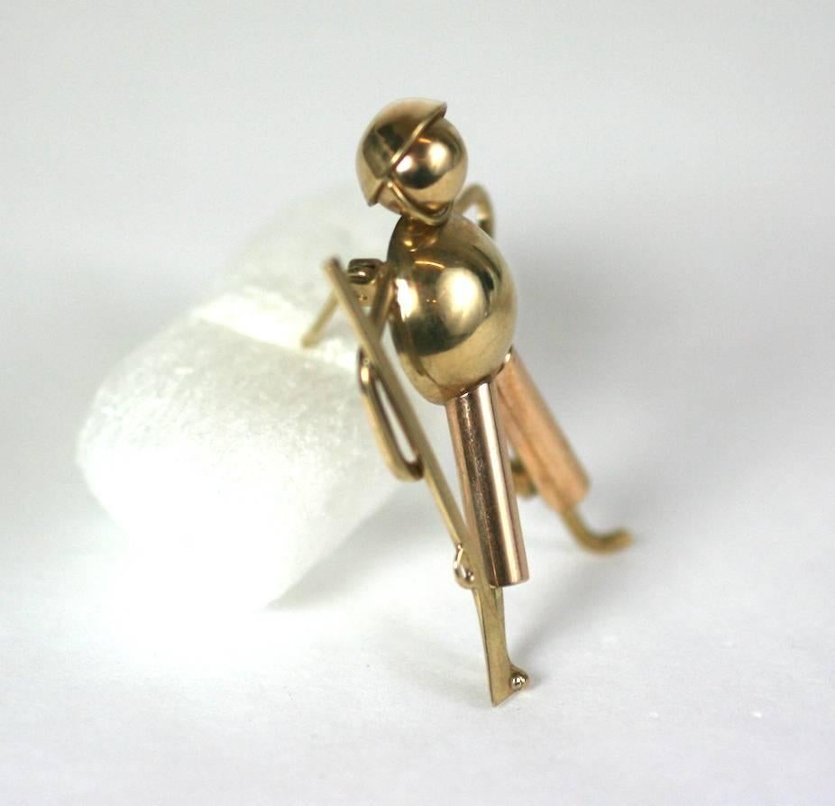 Retro Soldier Boy Brooch in 10k gold by Forstner. Charming little guy, ready at attention. Rendered in both pink and yellow gold for additional contrast. 
1940's USA.  1.5