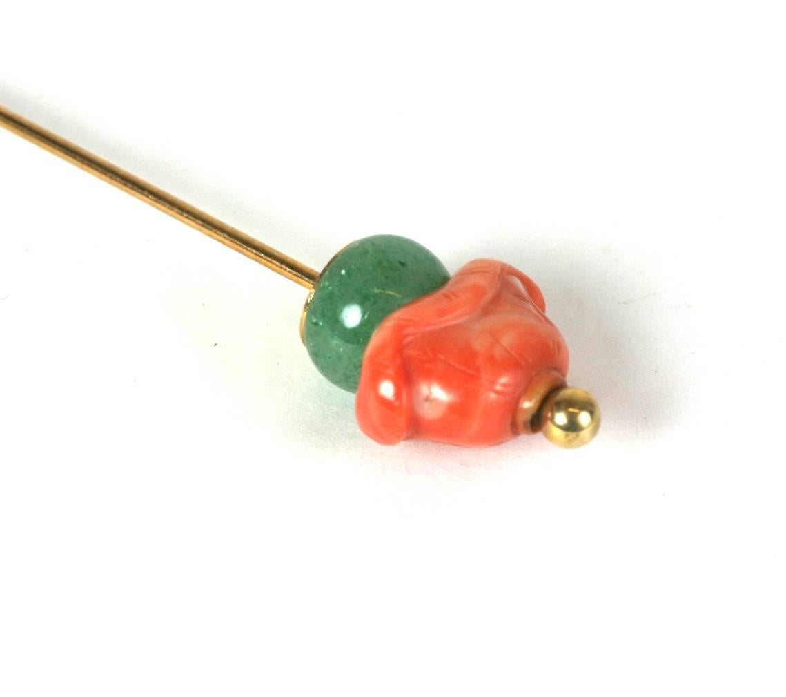 Large Coral and Adventurine Stickpin, Seaman Schepps In Excellent Condition For Sale In New York, NY