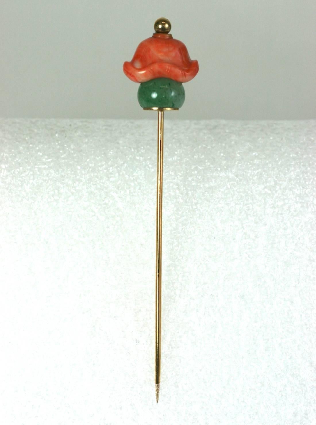 Large Coral and Adventurine Stickpin, Seaman Schepps For Sale 1