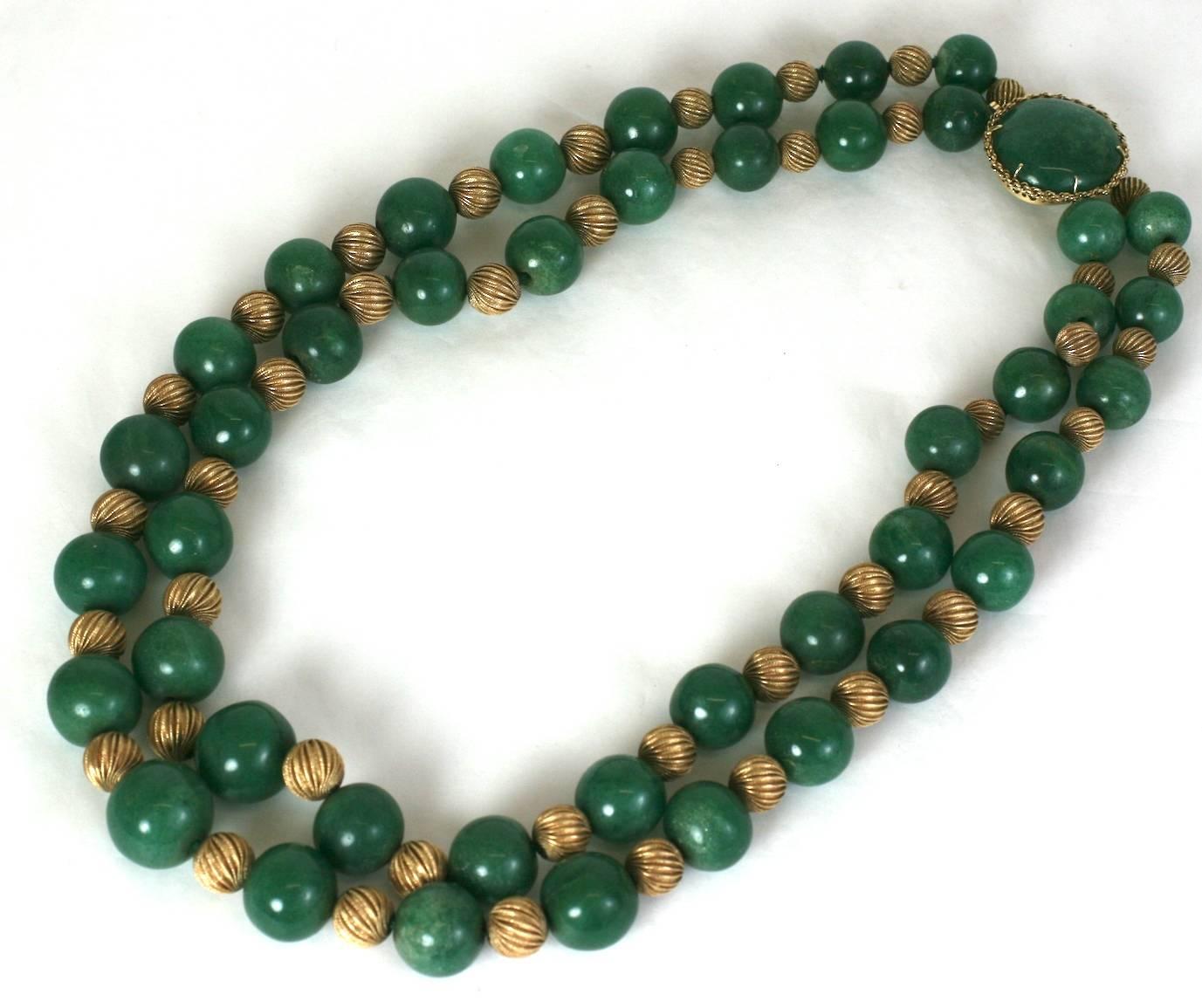 Adventurine and Ribbed Gold Bead Necklace In Excellent Condition For Sale In New York, NY