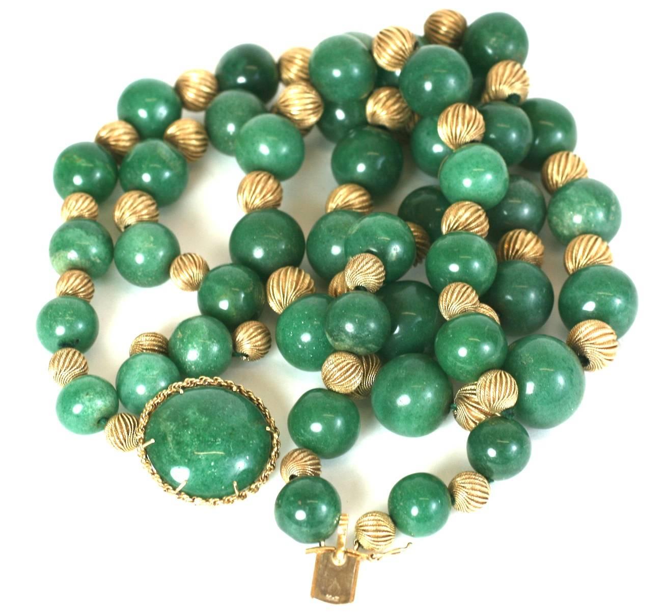 Adventurine and Ribbed Gold Bead Necklace For Sale 1