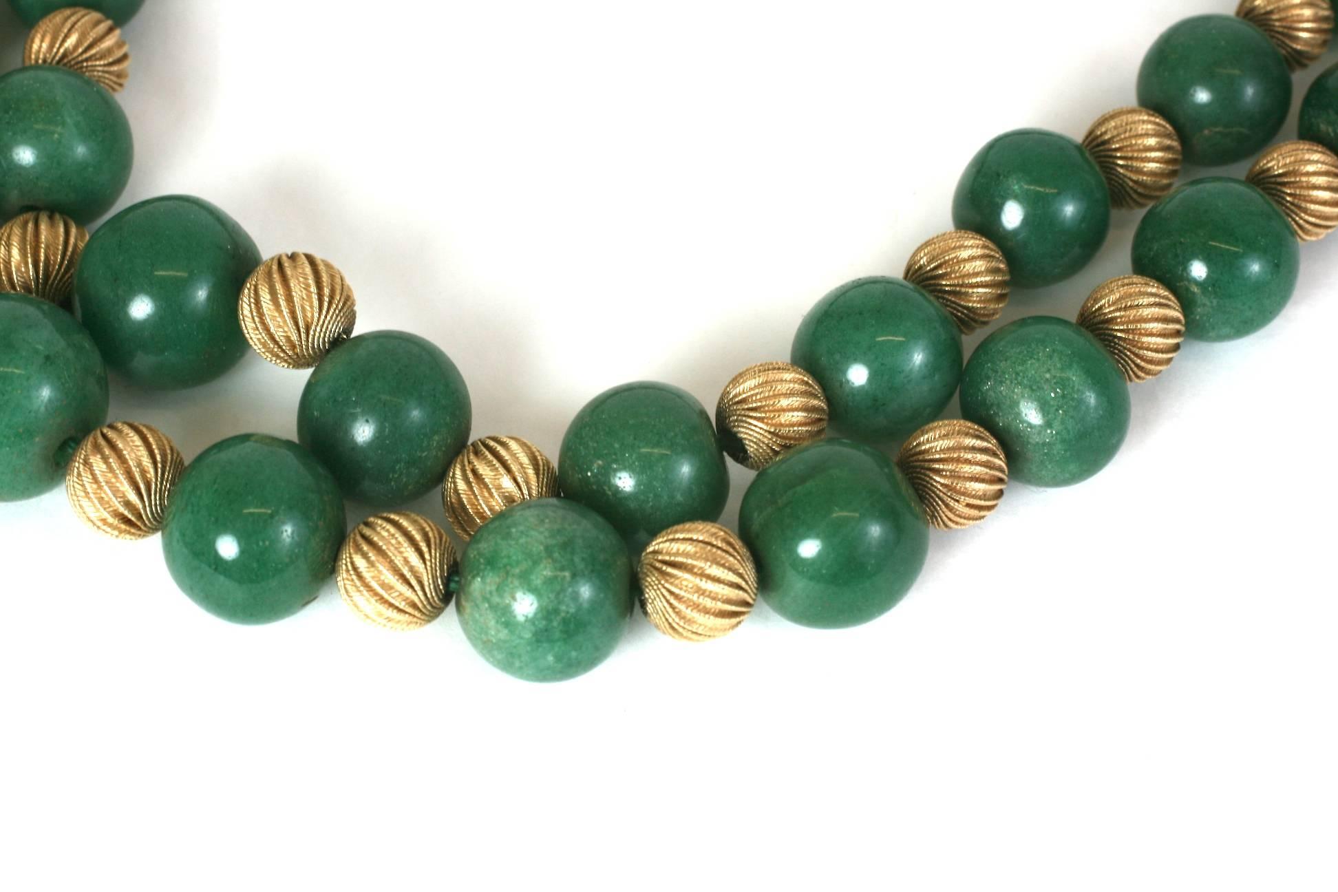 Adventurine and Ribbed Gold Bead Necklace For Sale 2