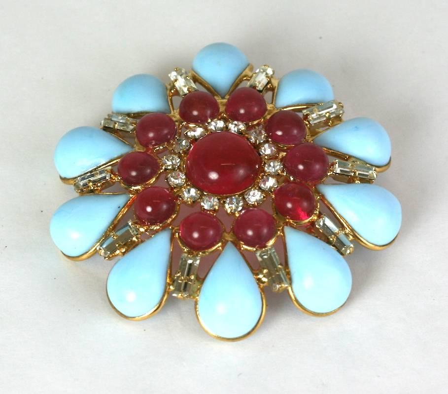 MWLC Pave Zaza Brooch in pale Turquoise and Ruby poured glass with crystal and pave accents. 
Completely Hand made in the Parisian studios of Mark Walsh Leslie Chin.
Contemporary. France 21 Century. Hook attachement for pendant as well. 
2.5" 