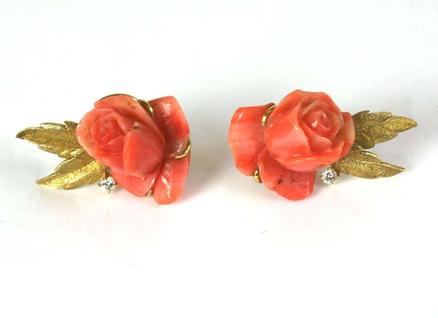 Women's Carved Coral Rose Earclips For Sale