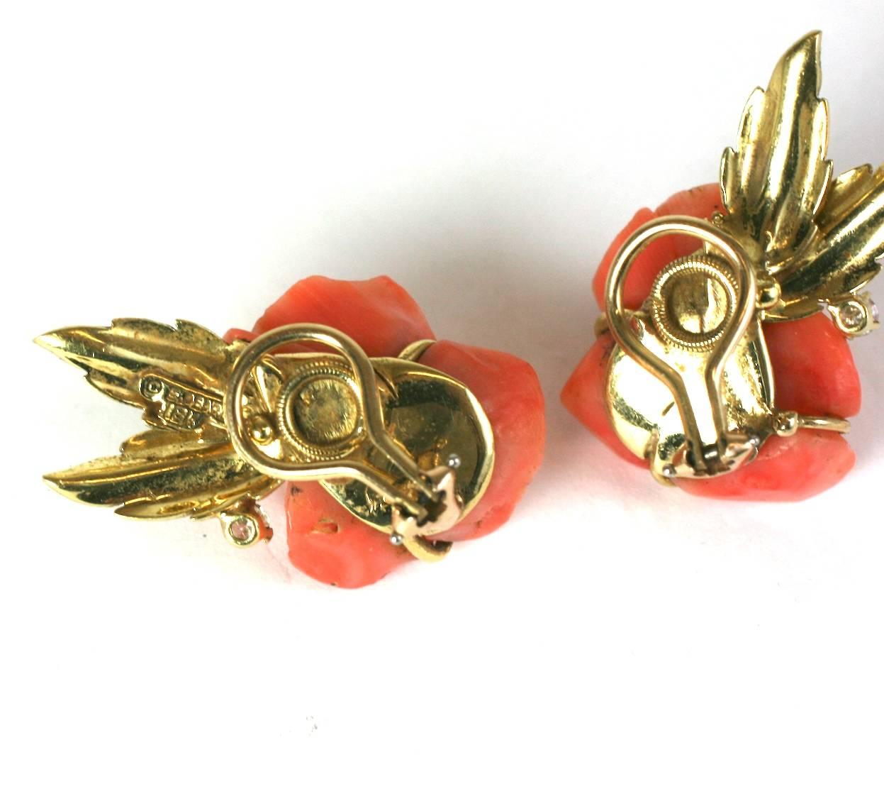 Carved Coral Rose Earclips For Sale 1