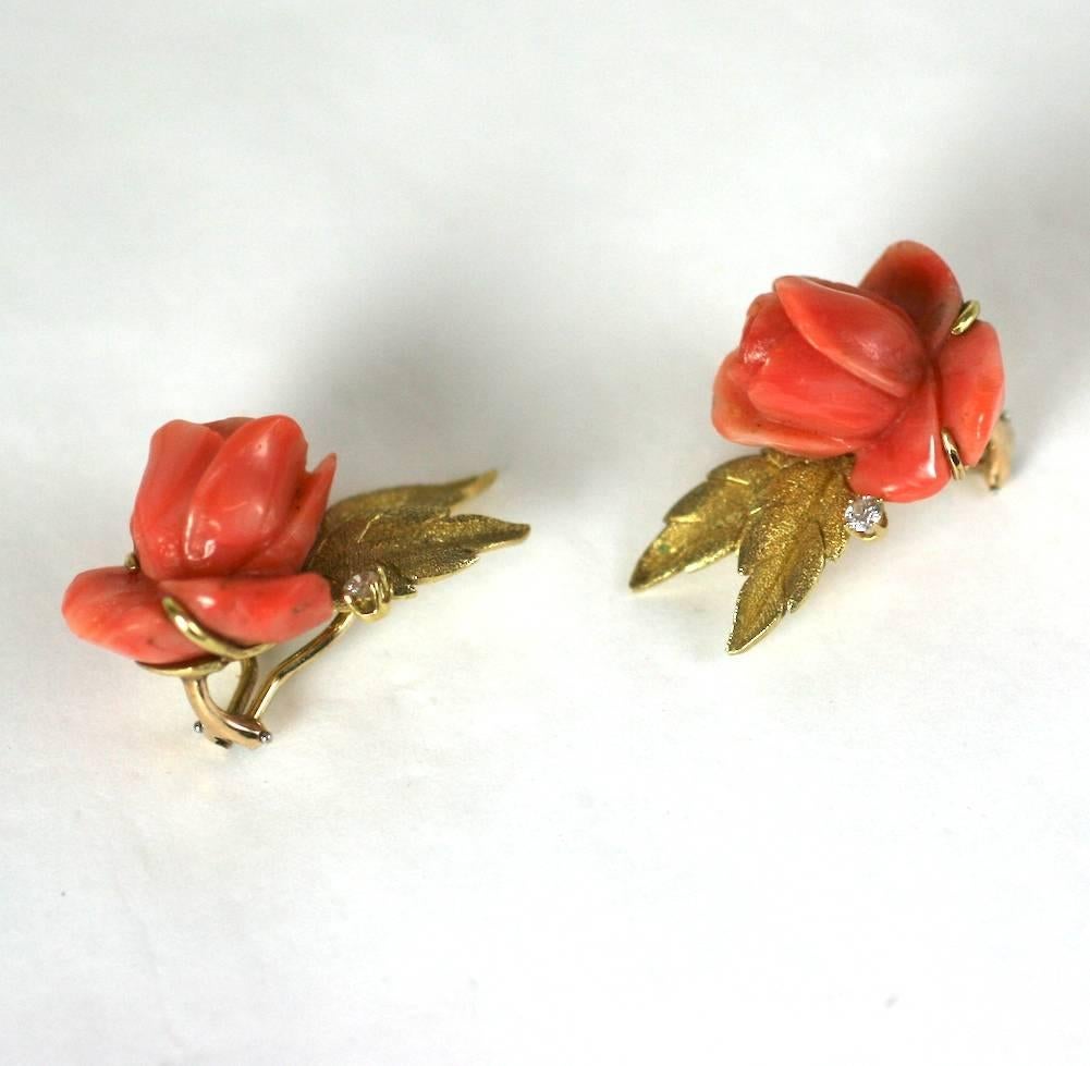 Carved Coral Rose Earclips In Excellent Condition For Sale In New York, NY