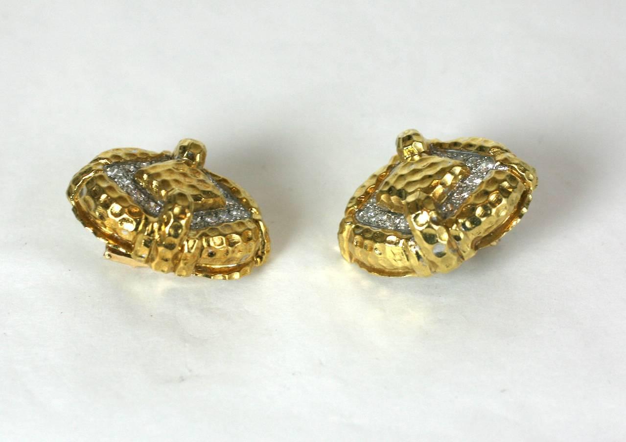 Lovely hammered 18k Gold and Diamond Earrings in the style of David Webb. Lovely quality, heavy, dimensional construction with clip back fittings. Bright sparkling 10 point diamonds (almost 3 carats) set in platinum or white gold contrasted against