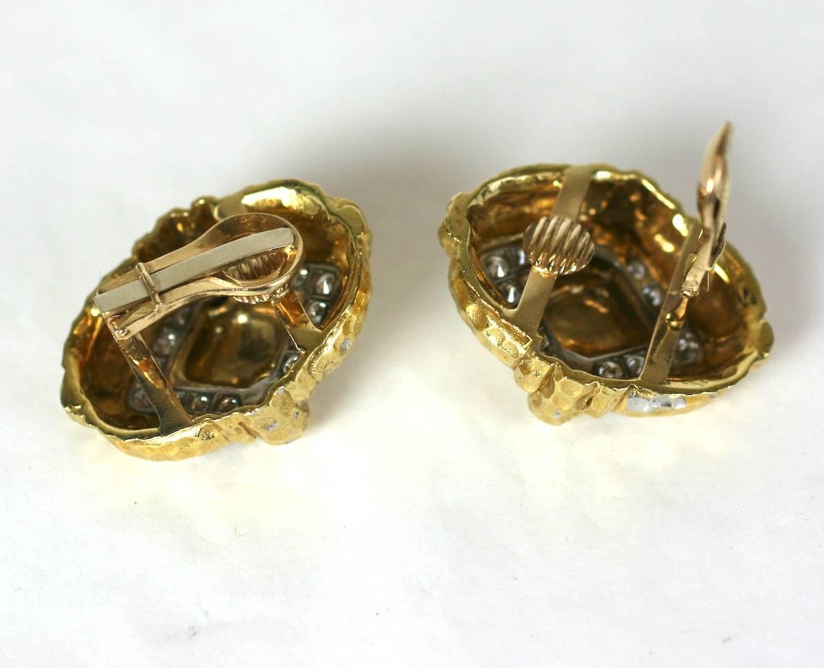 Hammered Gold and Diamond Earrings For Sale 1