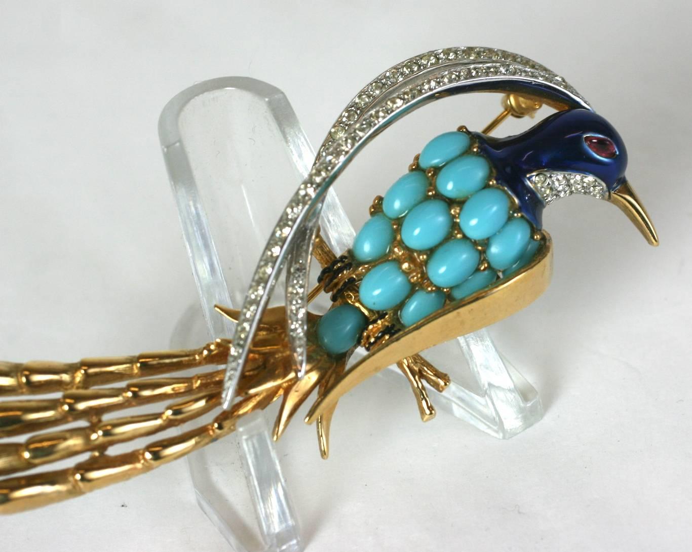 Wonderful Marcel Boucher Bird of Paradise made in prevailing style of fine jewelers of the 1960's. Animalia became a theme carried by all the fine jewelers such as Tiffany, Van Cleef and Cartier. 
Marcel Boucher started his career in the fine
