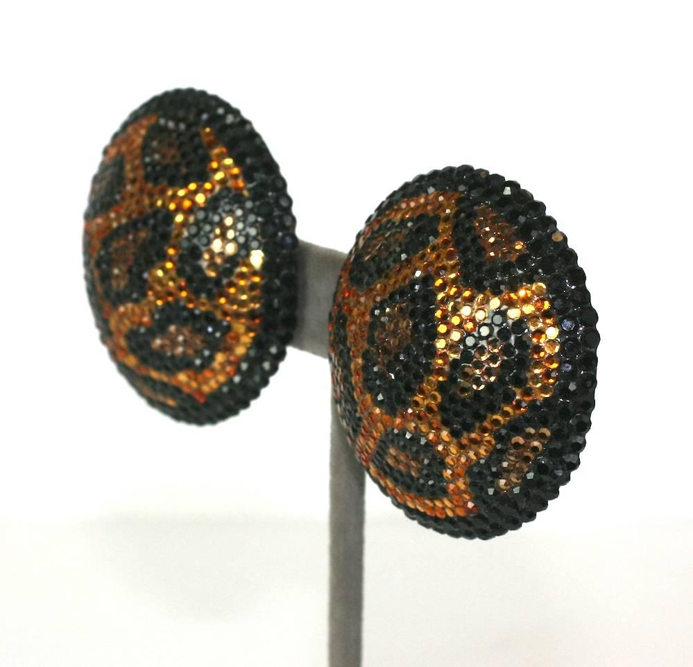 Pave Leopard Earrings in the style of James Arpad. Hundreds of crystals are hand applied on large half domes with clip back fittings. 1980's USA. 
1.75