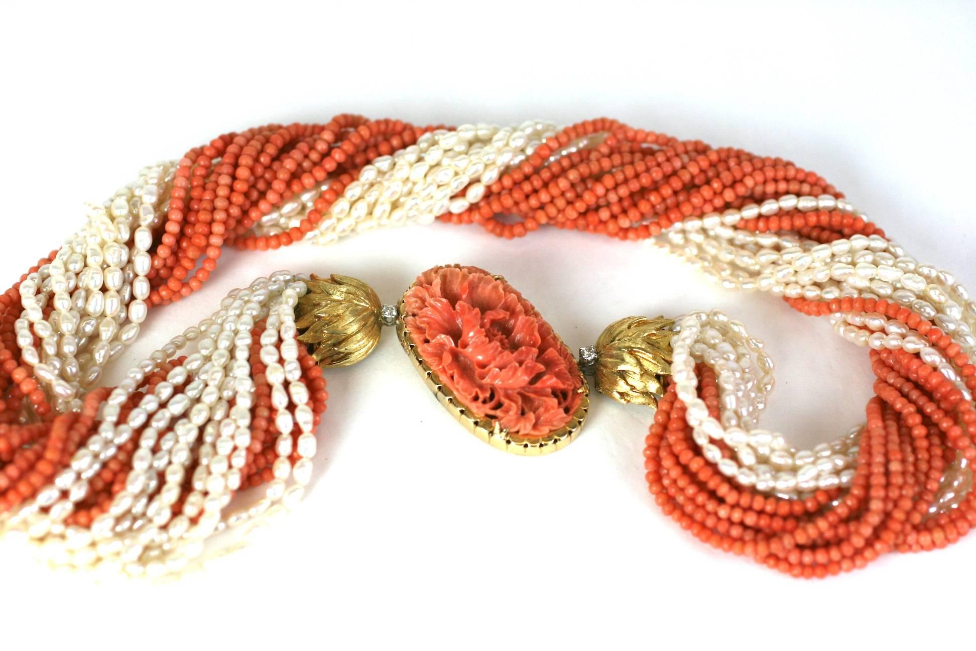 Carved Coral and Pearl Torsade Necklace In Excellent Condition In New York, NY